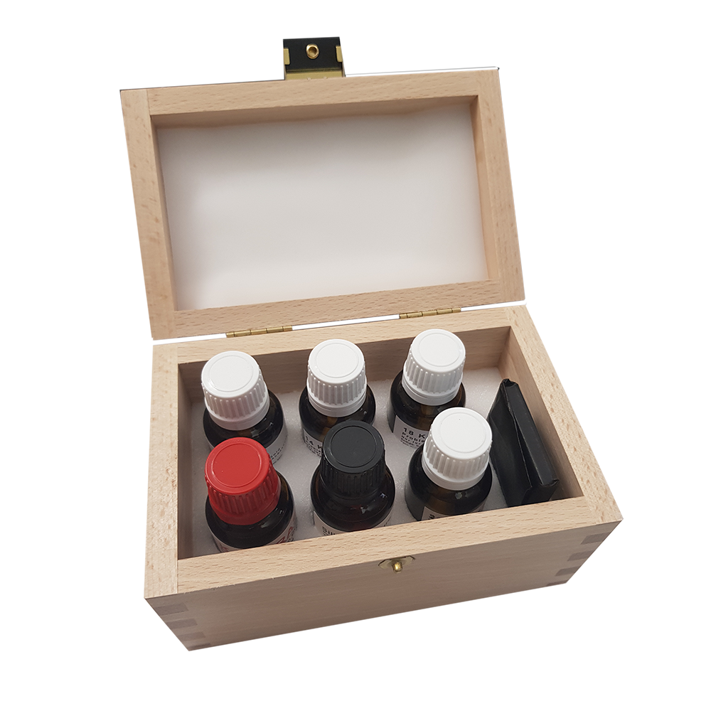 Probiersäure - Set, im Holzkasten