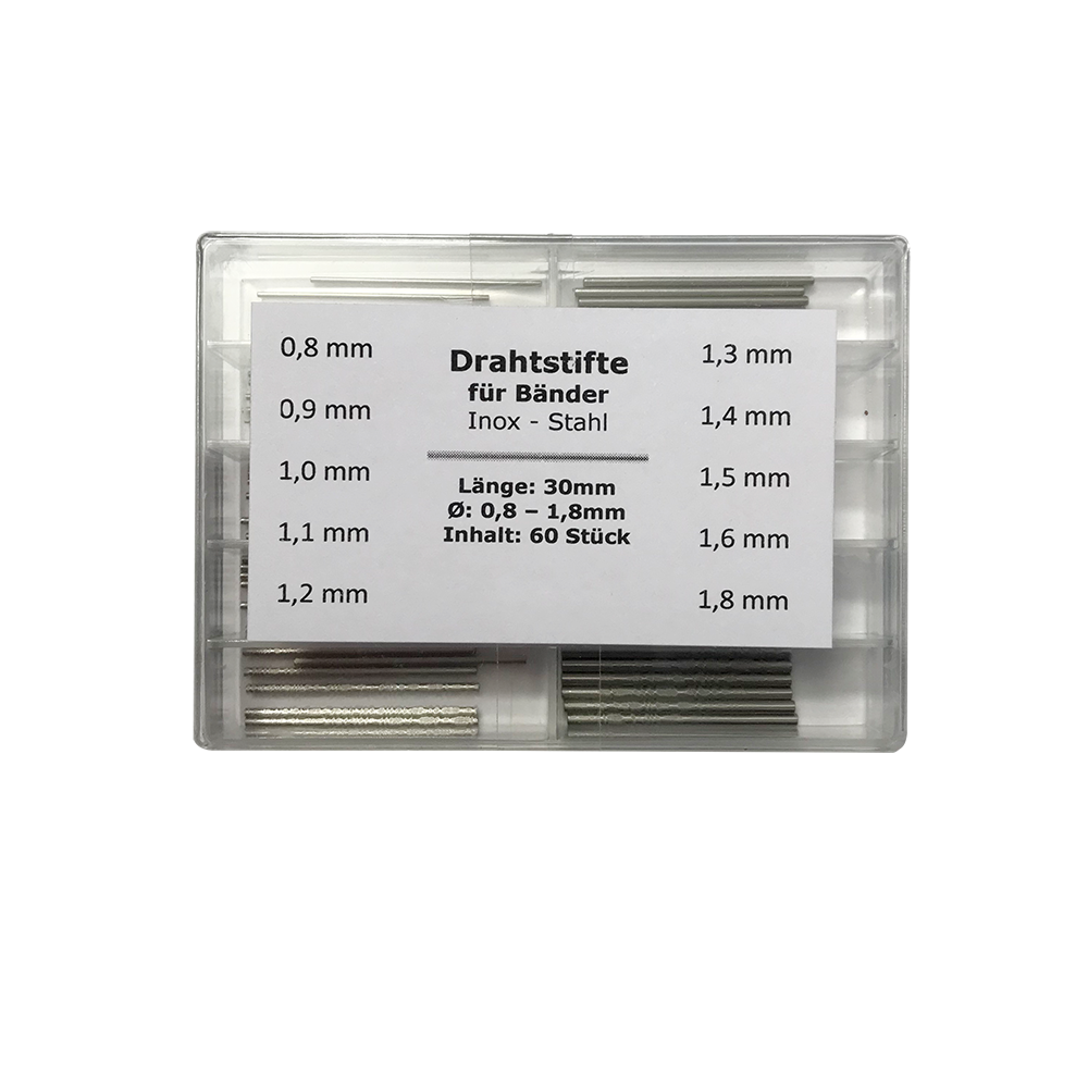 Bandstifte Sortiment, glatte Stifte Inox, Ø 0,8-1,8mm, 60 Stk. Bandstifte Sortiment, glatte Stifte Inox, Ø 0,8-1,8mm, 60 Stk.